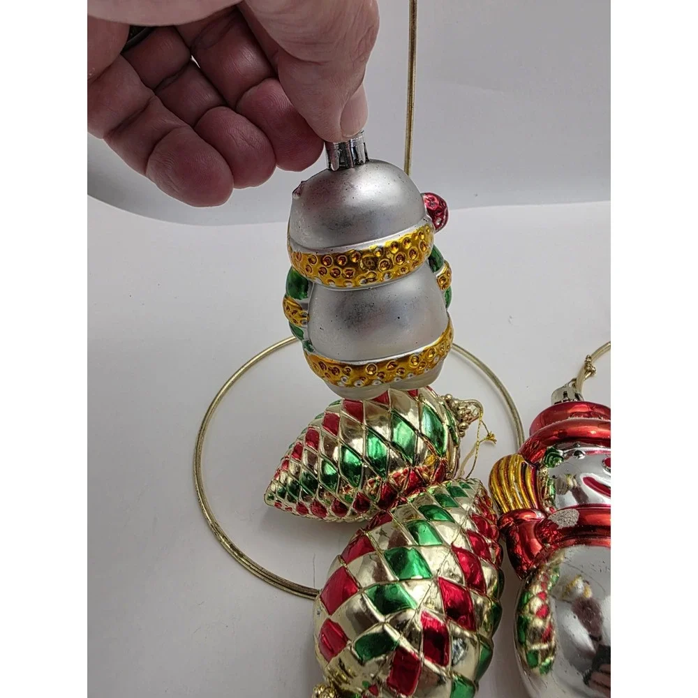 VTG Christmas Ornaments Lot 7Santa Snowman Pine Cone Red Green Gold Holiday